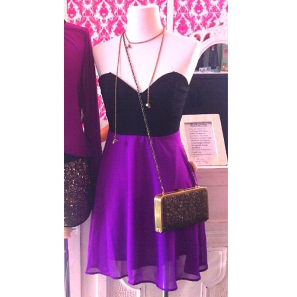 Strapless black top, purple skirt dress | Hallelu